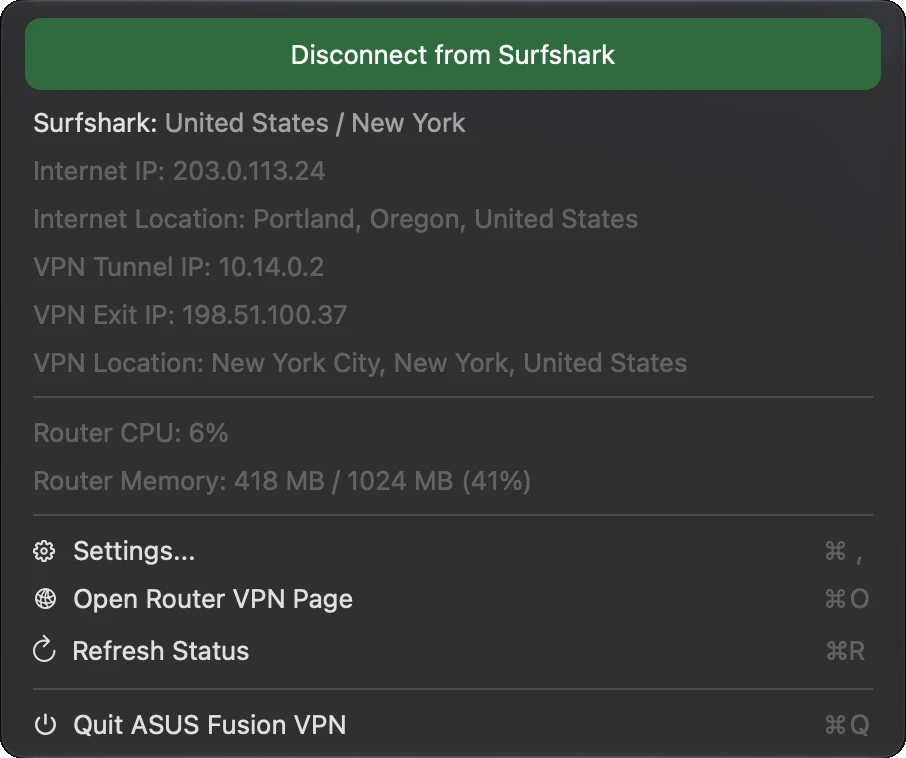ASUS Fusion VPN menu showing a connected Surfshark profile, IP details, router CPU and memory