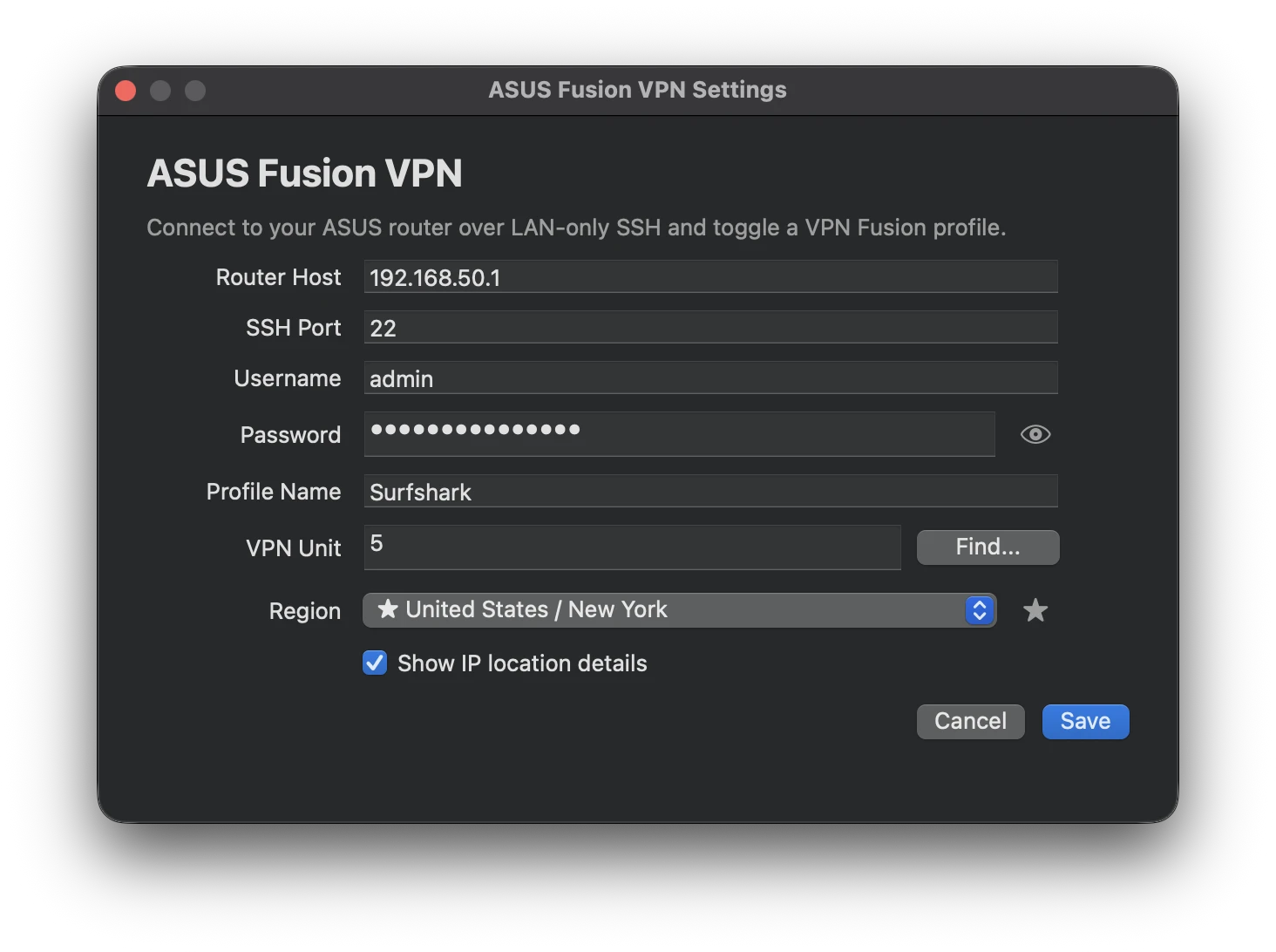 ASUS Fusion VPN settings window with router SSH, profile, VPN unit and region fields