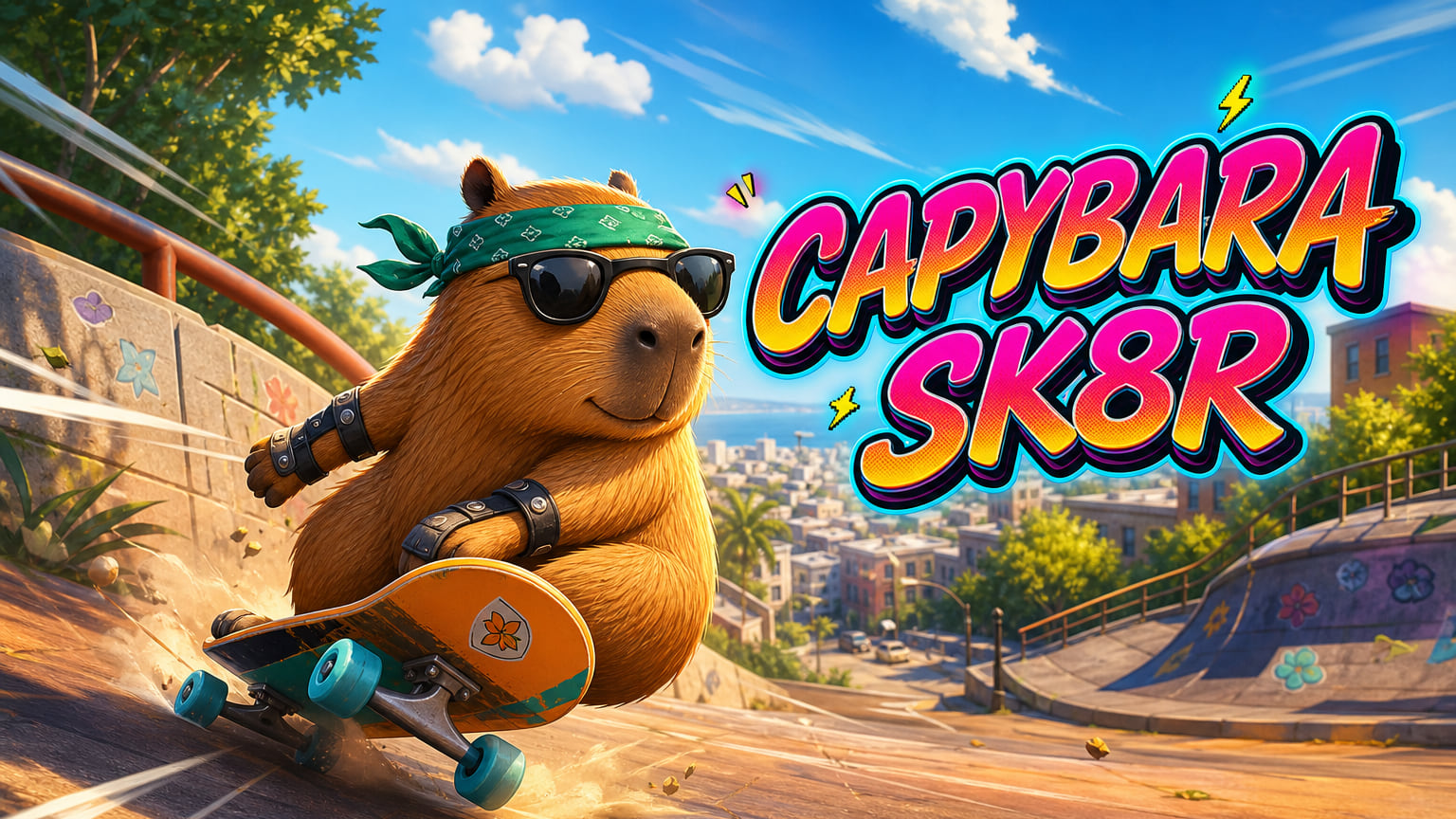 Illustrated capybara riding a skateboard through a sunny hill-skate scene
