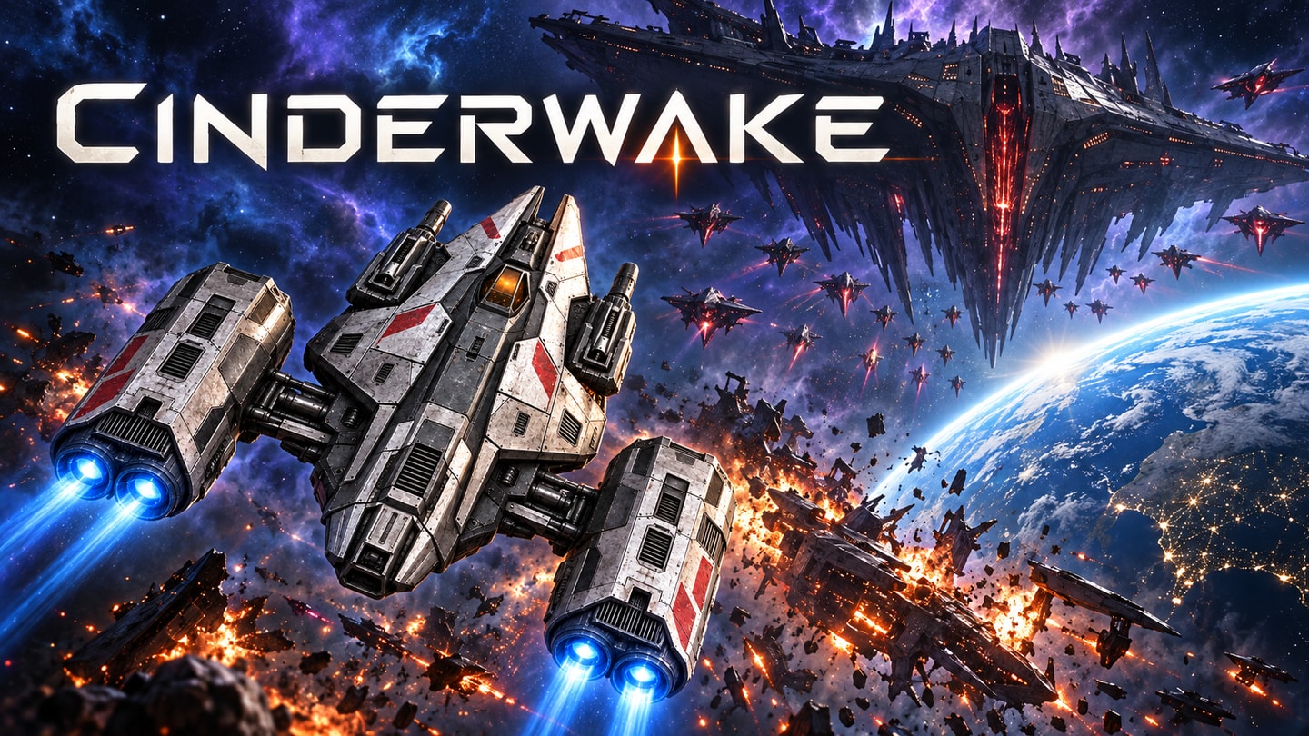 Cinderwake title above an armored starfighter, an alien dreadnought, Earth and burning space debris