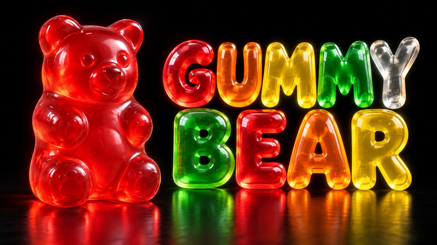 Ruby-red gummy bear beside multicolor translucent GUMMY BEAR lettering on black