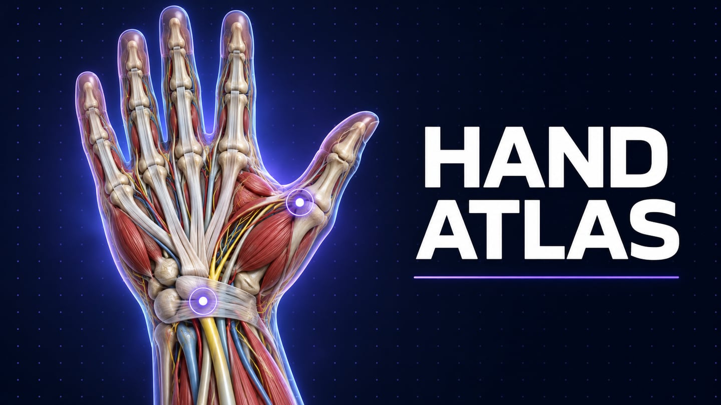 Translucent anatomical hand showing bones, muscles, tendons and nerves beside HAND ATLAS lettering on midnight blue
