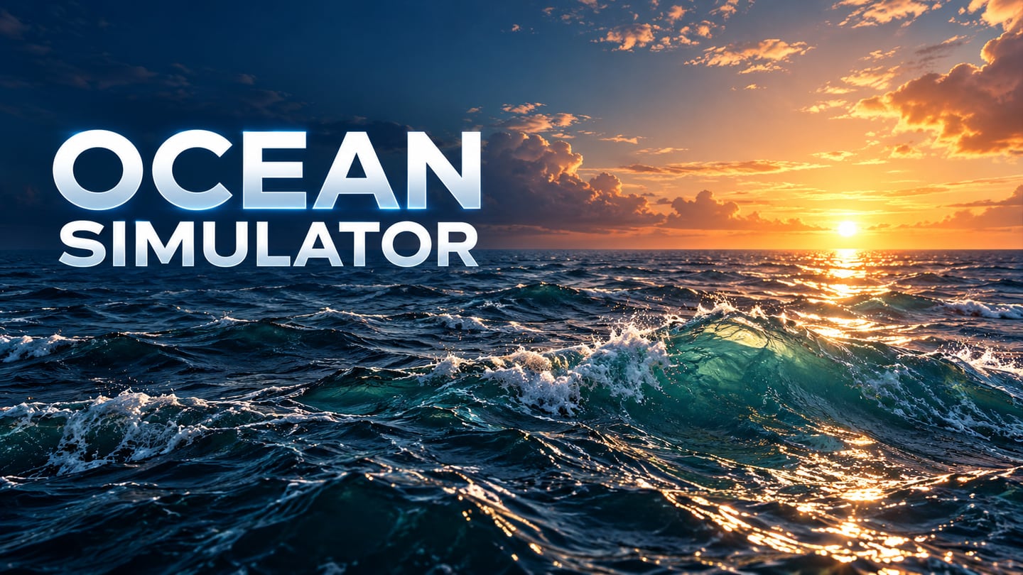 Ocean Simulator title over blue-green waves reflecting a golden sunset