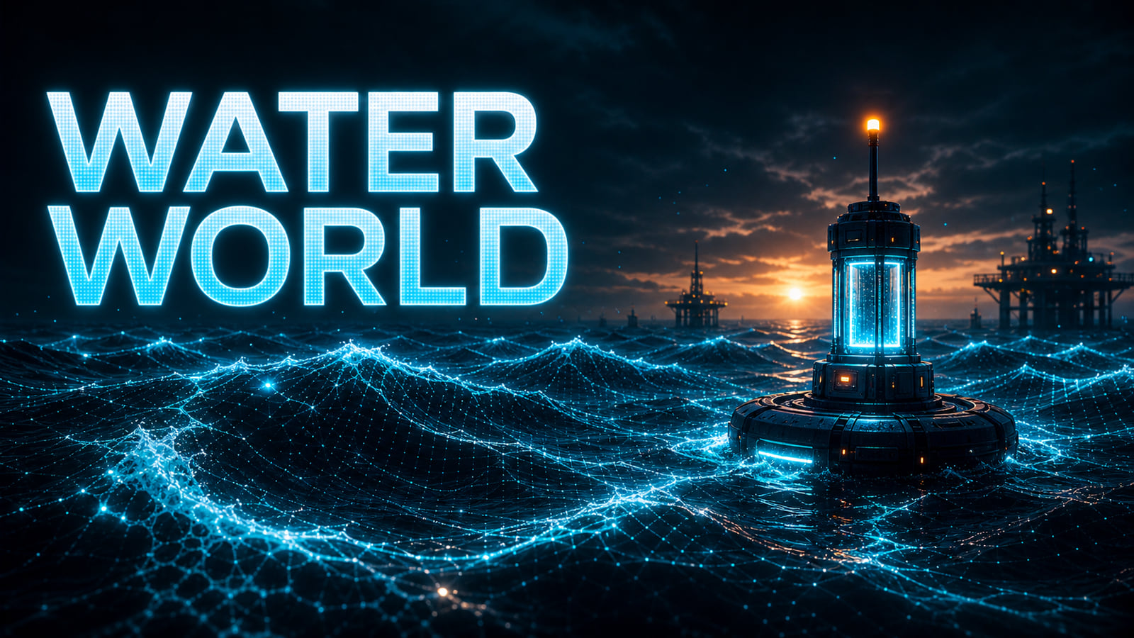 Landscape artwork for Water World showing a glowing procedural ocean simulation